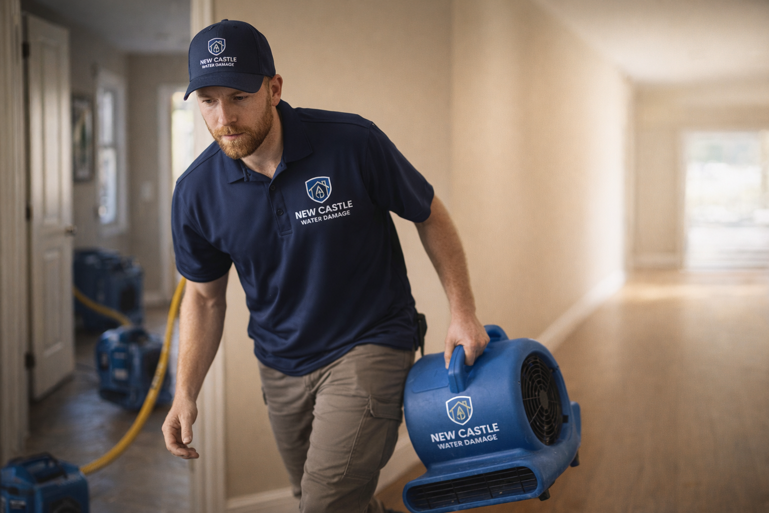 New Castle Water Damage technician carrying a drying air mover through a home